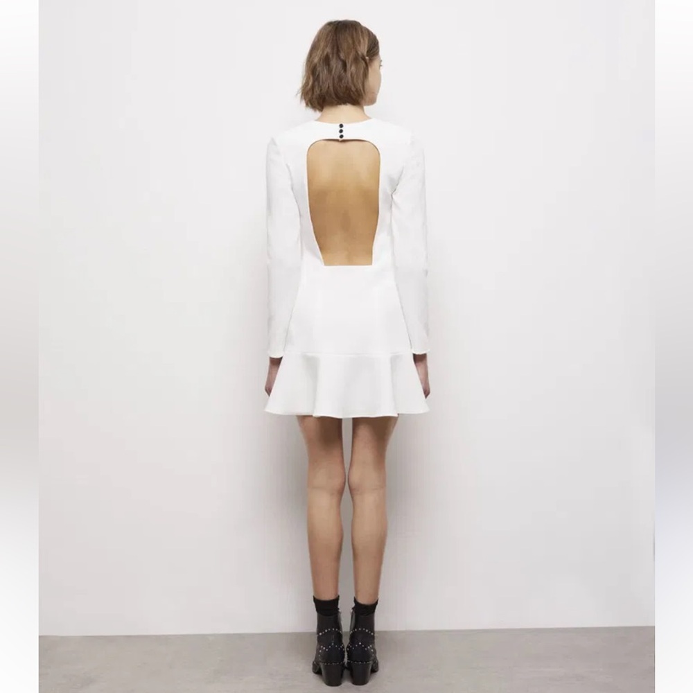 THE KOOPLES White Long-Sleeve Open-Back Flounce Dress. NWT